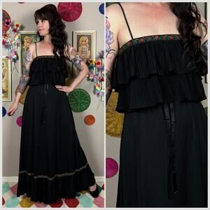 Vintage 1970s Black Ruffled Strappy A-Line Embroidered Maxi Dress